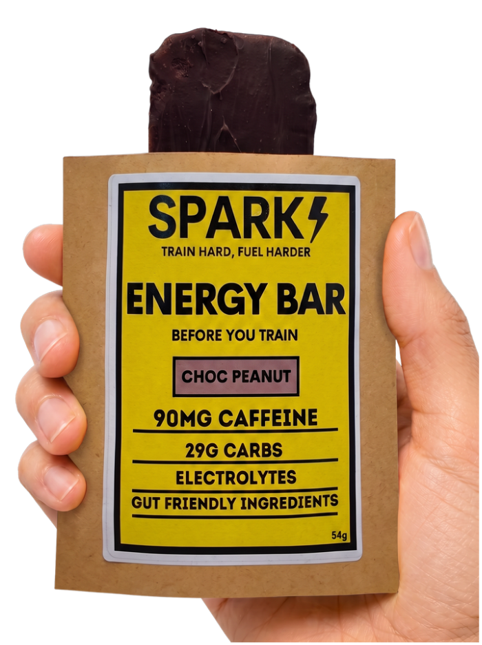 Spark Energy Bar, Choc Peanut, in acid yellow packaging