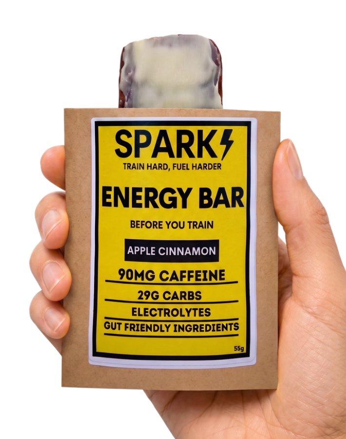 Spark Energy Bar, Apple Cinnamon, in acid yellow packaging
