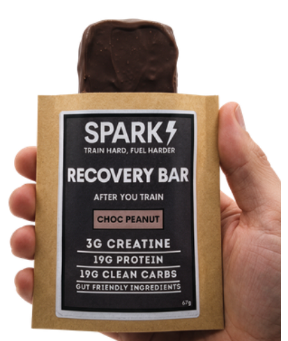 Spark Recovery Bar, Choc Peanut, in charcoal packaging